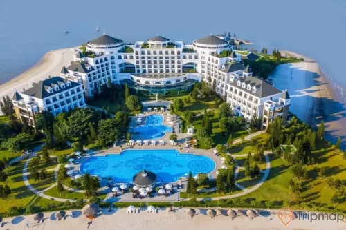 a high angle view of a resort