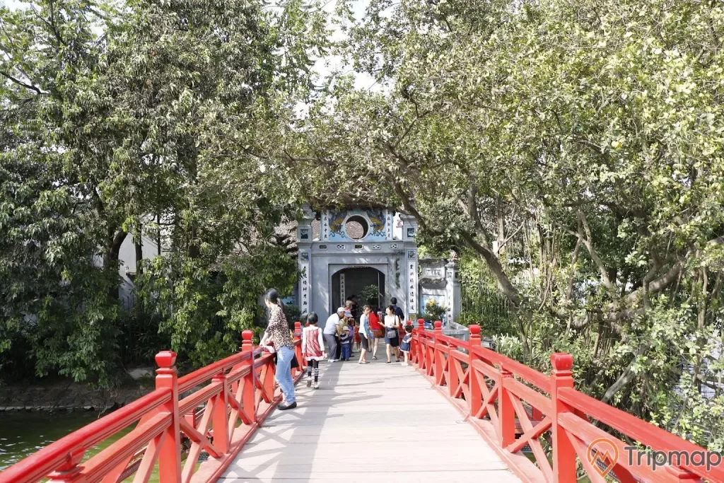 người đang đứng trên cây cầu màu đỏ cây cối mọc um tùm