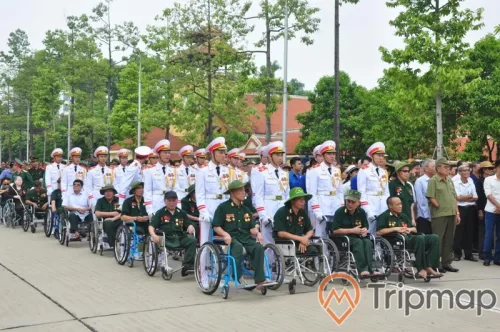 người lính quân phục trắng đưa đoàn cựu chiến binh ngồi xe lăn, ảnh chụp ngoài trời, hàng cây cối xanh tươi phía sau